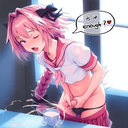 1femboy ai_generated asking_viewer astolfo_(fate) black_panties blush bodily_fluids braid braided_hair braided_ponytail color crop_top crossdressing cum cum_drip cum_in_container cum_in_cup cum_on_object cum_on_table cumming cumshot cup cup_of_cum day dripping dripping_cum ejaculation english english_text erect_penis erection excessive_cum eye_contact facing_viewer fate_(series) femboy femboy_focus femboy_only feminine_male front_view genital_fluids genitals glass glass_of_cum hair_ornament hair_ribbon handjob heart heart_symbol hi_res highres holding holding_penis indoors inside izacru0 jerking jerkingoff leaning_forward looking_at_viewer looking_pleasured masturbating masturbation midriff motion_lines offering_to_viewer one_eye_closed open_mouth orgasm otoko_no_ko panties penis pink_eyes pink_hair pleasure_face pleasured ponytail raised_eyebrows ribbon school_uniform shirt skirt skirt_down solo solo_femboy solo_focus speech_bubble standing stomach sweat table talking talking_to_viewer text touching_penis trembling very_high_resolution