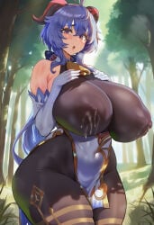 ? ai_generated areolae areolae_visible_through_clothing blue_hair blush bodysuit breasts_bigger_than_head curvy embarrassed female female_only ganyu_(genshin_impact) genshin_impact gloves goat_girl hand_on_breast hi_res hips horns hoyoverse lactation large_breasts light_skin mihoyo milk nervous nervous_sweat open_mouth outside phantomtobi pose purple_eyes short_hair standing surprised sweatdrop thick_thighs voluptuous wide_hips younger_female