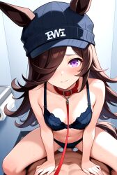 ai_generated black_bra black_panties bra brown_eyes cap chitoque clothing collar cow_girl cowgirl_position deep_penetration emo hand_on_ass hand_on_hip headwear high_resolution hip_grab horse leash_and_collar love one_eye_closed petite public public_restroom purple_eyes restroom_stall rice_shower_(umamusume) riding sex shiny_skin side_boob skirt small_breasts spread_legs standing suggestive sweat sweatdrop toilet toy umamusume umamusume_pretty_derby vaginal_penetration vaginal_sex