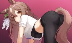 1girls ass bent_over brown_eyes brown_hair brown_tail crop_top horse_ears horse_girl horse_tail long_hair looking_at_viewer melotere multicolored_hair nipples pants solo telomere umamusume umamusume_pretty_derby white_shirt