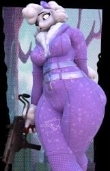 1girls 3d 3d_(artwork) anaroth another_angle anthro arm_behind_back big_ass bow canid canine fortnite fortnite_gun furry lady_poodlina palmtreerothic poodle submachine_gun thick_thighs unnamed_poodle