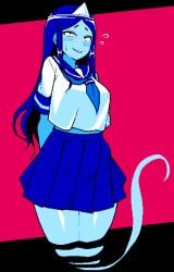 1girls 2d arms_behind_back blue_body blue_skin blush breasts clothed female female_only game_cg ghost ghost_(jermaneels) ghost_girl ghost_tail grin headpiece huge_breasts jermaneels long_hair midriff pixel_art sailor_uniform school_uniform skirt strip_rock-paper-scissors_-_ghost_edition thick_thighs thighs triangular_headpiece