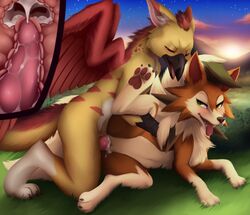 1boy 1girls 2019 avian beak canid canine clitoris cum cum_in_pussy cum_inside darkmirage detailed_background duo dusk_lycanroc ejaculation erection feet female feral furry grass green_eyes gryphon half-closed_eyes internal interspecies knot knotting lycanroc male mammal meraence nintendo no_nipples nude orange_fur original_character outdoors paws penetration penis pokémon_(species) pokemon pokemon_usm pussy sex spread_legs straight thick_thighs tongue vaginal_penetration video_games wide_hips wings x-ray yellow_fur