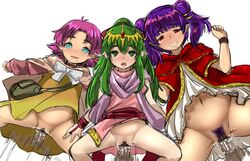 3girls bar_censor blue_eyes blush breasts censored clitoris green_eyes green_hair lips long_hair looking_at_viewer multiple_girls navel open_mouth penis pink_hair pointy_ears pubic_hair purple_hair pussy pussy_juice sex shiny shiny_hair shiny_skin shuuru_(raysen) simple_background teeth