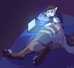 anthro ass bed breasts canid canine canis computer domestic_dog female flynx-flink laptop lying mammal on_side pillow pussy solo thick_thighs