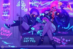 akali alternate_costume bench blacklight blood_elf cosplay evelynn female female_only fluorescent_body_writing fluorescent_bodypaint glow_in_the_dark human k/da_akali k/da_evelynn k/da_series league_of_legends subway train wickertop world_of_warcraft yuri