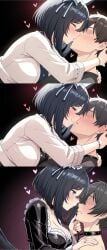 ai_generated black_hair cardigan collar eishin_flash_(umamusume) imminent_sex kissing leashed_male married_couple seductive_look senam66 smile umamusume wedding_ring