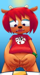 2019 anthro belt bluebee blush bottomless bovid caprine clothed clothing color_edit colored edit female fur hair hi_res horn lammy_lamb mammal manual orange_fur parappa_the_rapper pussy red_hair sheep simple_background solo sr um_jammer_lammy vaginal video_games wristwear