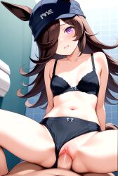 ai_generated black_bra black_panties bra brown_eyes cap chitoque clothing cow_girl cowgirl_position deep_penetration emo hand_on_ass hand_on_hip headwear high_resolution hip_grab horse love one_eye_closed petite public public_restroom purple_eyes restroom_stall rice_shower_(umamusume) riding sex shiny_skin side_boob skirt small_breasts spread_legs standing suggestive sweat sweatdrop toilet toy umamusume umamusume_pretty_derby vaginal_penetration vaginal_sex
