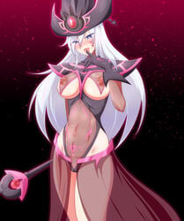 1girls alternate_costume blue_eyes breasts corruption danpu dark_persona female female_only hat looking_at_viewer navel nipples see-through see-through_clothing see-through_dress silent_magician solo standing tongue tongue_out wand white_hair yu-gi-oh!