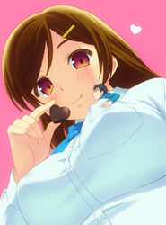 blush breasts brown_eyes brown_hair chocolate cute female giantess glasses hairclip hairpin heart huge_breasts in_pocket macro_female male micro_male micro_on_breasts micro_on_macro miniboy miniguy nipple_bulge offering offering_food school_uniform schoolboy schoolgirl shirt_pocket smile teston