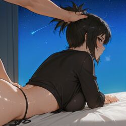 1boy ai_generated ass black_hair black_panties black_shirt blush breasts breath brown_eyes from_side grabbing_another's_hair implied_sex large_breasts long_sleeves looking_at_viewer looking_back lying mitarashi_anko naruto naruto_(series) naruto_shippuden night night_sky on_stomach out-of-frame_censoring panties ponytail prone_bone sex sex_from_behind shirt shooting_star short_hair short_ponytail side-tie_panties sky solo_focus star_(sky) starry_sky straight sweat thong twoderrick underwear