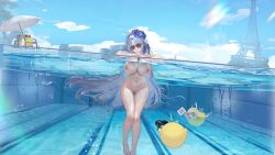alsace_(azur_lane) alsace_(heat-beating_summer_sacrament)_(azur_lane) ass_visible_through_thighs azur_lane barefoot beach_umbrella bird blue_flower blue_sky breasts caustics cg chick cloud cloudy_sky completely_nude day female flower grey_hair groin hair_between_eyes hair_flower hair_ornament large_breasts long_hair looking_at_viewer manjuu_(azur_lane) navel nipples nude official_alternate_costume outdoors palm_tree partially_submerged partially_underwater_shot pool purple_flower pussy red_eyes sky solo stomach sunglasses swimsuit thigh_gap thighs tinted_eyewear tree umbrella very_long_hair water wet white_hair