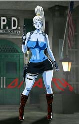 1girls big_breasts blue_skin boots clothed clothing cosplay dicasty dragon_ball dragon_ball_super gun huge_breasts jill_valentine_(cosplay) latex purple_eyes purple_lipstick resident_evil resident_evil_3 vados white_hair