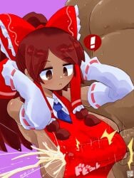 ! 1boy agucala_(cookie) blue_necktie blush bow breasts brown_eyes commentary_request cookie_(touhou) cum dark-skinned_female dark-skinned_male dark_skin dated ejaculation elbow_gloves female frilled_hair_tubes frills gloves hair_tubes hairbow hakurei_reimu highres itini-sanshi large_breasts long_hair necktie open_mouth paizuri paizuri_under_clothes penis purple_background red_bow red_hair red_shirt reimu_hakurei ribbon-trimmed_gloves ribbon_trim shirt sidelocks simple_background sleeveless sleeveless_shirt solo_focus spoken_exclamation_mark touhou upper_body white_gloves