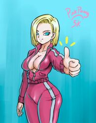 1girls android_18 blonde_hair blue_eyes cleavage curvy dragon_ball dragon_ball_super dragon_ball_z female female_only jacket open_clothes open_jacket pinkpawg short_hair solo track_jacket track_pants track_suit voluptuous wide_hips