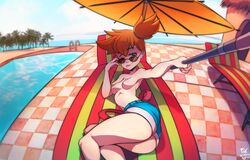 1girls artist_signature ass big_ass breasts clothes colored female female_only foxinshadow human human_only kasumi_(pokemon) pokemon pokemon_rgby ponytail pool public_topless red_hair selfie selfie_stick shorts source_request swimming_pool text thick_thighs tongue_out topless topless_female water watermark wide_hips