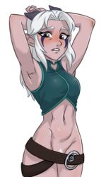 1girls armpit_focus armpits arms_up belly_button belt blush bottomless elf embarrassed face_tattoo female horns looking_at_viewer midriff moonshadow_elf no_panties pink_skin pointy_ears pubic_hair rayla_(the_dragon_prince) solo_female the_dragon_prince ukasz1234 white_hair