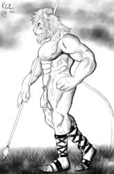 2019 abs absurd_res anthro ass athletic balls barazoku biceps black_and_white breasts claws clothing ear_piercing facial_piercing felid feline flaccid footwear fur genital_piercing hair headband hi_res humanoid_penis kirlan kirlanlion lion male male_only mammal melee_weapon monochrome muscular muscular_male nipple_piercing nipples nose_piercing nude pantherine pecs penis penis_piercing piercing polearm sandals simple_background solo spear standing weapon