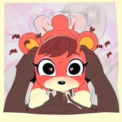 absurd_res animal_crossing anthro anthro_penetrated bear blush bodily_fluids brown_hair cheri_(animal_crossing) colored cum cum_in_mouth cum_inside dark-skinned_male digital_drawing_(artwork) digital_media_(artwork) duo eyeliner fellatio female female_anthro female_focus female_penetrated first_person_view genital_fluids hair heart_eyes heart_symbol hi_res human human_on_anthro human_penetrating human_penetrating_anthro human_penetrating_female interspecies kerotheklutz looking_at_viewer makeup male male/female male_penetrating male_penetrating_female mammal multicolored_body nintendo oral penetration penile sex shaded shortstack shortstack_female sound_effects sweat tail tail_motion tailwag