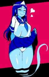 1girls 2d arm_behind_back blue_body blue_skin blush breasts clothed female female_only game_cg ghost ghost_(jermaneels) ghost_girl ghost_tail headpiece heart hearts_around_head huge_breasts jermaneels lifting_skirt long_hair midriff one_eye_closed panties pixel_art presenting_panties sailor_uniform school_uniform skirt skirt_lift smile strip_rock-paper-scissors_-_ghost_edition thick_thighs thighs triangular_headpiece underwear white_panties white_underwear
