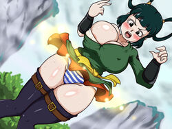 artist_request assisted_exposure black_eyes black_hair blush breasts clothed clothing dragon_ball dragon_ball_super dress erect_nipple erect_nipples_under_clothes exposed_panties female huge_breasts human nipple open_mouth panties skirt skirt_lift solo striped_panties thick_thighs thighhighs tied_hair tongue unknown_artist wide_hips wristwear yurin