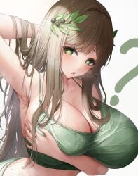 1girls ? armpits big_boobs big_breasts big_tits black_survival boobs breasts bsmage clover-shaped_pupils eternal_return:_black_survival eyebrows_visible_through_hair female green_eyes green_eyes_female gweon_sua open_mouth simple_background tits woman