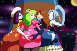 4girls ass ass_grab blonde_hair brianne_de_chateau canime dragon_ball dragon_ball_super dress female female_only glasses hat huge_ass long_hair multiple_girls orgy sanka_ku scary shounen_jump smile su_roas unknown_species vikal yuri