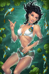 1girls aspen_matthews aspen_mlt bikini black_hair blue_(species) blue_eyes bra breasts erect_nipples erect_nipples_under_clothes fathom female female_only fish floating human jordan_gunderson lily_pad long_hair medium_breasts nipple_bulge nipples panties partially_submerged pink_lips pinup sean_ellery signature solo swimsuit thighs water white_bikini white_bra white_panties white_swimsuit