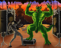 2014 2boys abs anthro athletic biceps black_hair bone circumcised claws devil_horns_(gesture) dragon duo_focus ear_piercing flaccid flexing foreskin fur gesture green_skin grey_fur group hair horn humanoid_penis lagomorph leporid long_foreskin long_hair male male_only mammal muscular muscular_male nipples nude pecs penis piercing rabbit reptile scalie skeleton skull spelunker_sal spelunker_sal_(character) standing testicles text tongue uncut url varanis_blackclaw veins watermark