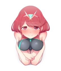 1girls bangs blush breasts competition_swimsuit eyebrows_visible_through_hair female gem hair_ornament hands_folded headpiece jewelry large_breasts looking_at_viewer looking_up maidforge nintendo one-piece_swimsuit pyra red_eyes red_hair short_hair sitting smile swept_bangs swimsuit tiara xenoblade_(series) xenoblade_chronicles_2