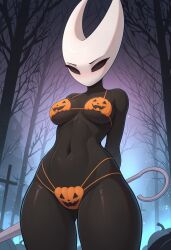 1girl ai_generated anthro anthro_female anthro_only bikini black_body breasts cowboy_shot female female_focus halloween hands_behind_back highres hornet_(hollow_knight) liwih naked_female navel pumpkin_bikini slim_body tagme underboob view_from_below
