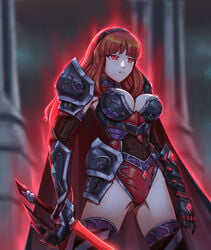 1girls alternate_costume armor breasts cape celica_(fire_emblem) clevage corruption dark_aura dark_persona evil fire_emblem fire_emblem_echoes:_shadows_of_valentia fire_emblem_gaiden leebigtree leotard possessed possession red_eyes sword witch