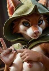 3d ai_generated anthro blue_eyes breasts dota_2 furry hoodwink_(dota) nipples orange_fur solo white_fur