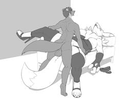 anthro areola backsack balls breasts clothing digimon digimon_(species) duo female footwear garter_straps greyscale hi_res high_heels legwear lying male mammal monochrome on_back open_mouth penetration pubes renamon sex shoes slightly_chubby smile spread_legs spreading straight strikeanywhere thick_thighs thigh_highs tight_clothing