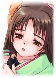 1boy brown_eyes brown_hair female giantess hair_ribbon in_cleavage kimono long_hair macro_female male micro_male micro_on_breasts micro_on_macro miniboy miniguy open_mouth shared_clothes teston underneath_clothing