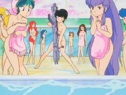 6+girls 80s 9girls accurate_art_style anime_screencap bath benten black_hair blue_eyes blue_hair breasts chains demon_girl female female_only green_hair horns large_breasts light-skinned_female light_skin long_hair lum monster_girl multiple_girls nude oni oni_girl oni_horns oyuki pointy_ears ponytail princess screencap screenshot short_hair tomboy towel urusei_yatsura weapon yuki_onna