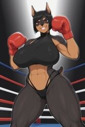 abdomen abdominal_muscles ai_generated animal_humanoid anthro arrogant arrogant_female big_breasts black_hair box boxing_gloves breasts canine canine_humanoid doberman dog_ears dog_girl dog_tail dynamic_pose female female_canine fight fighting_ring fit fit_body fit_female fur furry furry_breasts furry_female furry_only furry_tail huge_breasts looking_at_viewer madworld123 muscular_legs muscular_thighs nipple_bulge nipples nipples_through_clothing no_bra no_humans no_pants no_sex oc pose red_eyes ring semi-nude sexy sexy_body sexy_female sexy_pose sexy_woman short_hair smile thong thong_panties tight_clothing voluptuous voluptuous_body voluptuous_female