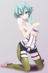 aqua_eyes aqua_hair asada_shino barefoot chaps covering_chest cum cum_on_body cum_on_clothes cum_on_upper_body facial female green_legwear grey_background gun_gale_online hair_ornament highres kneeling long_hair looking_at_viewer nipples pon_(shind_997) short_shorts shorts sinon solo sword_art_online sword_art_online:_phantom_bullet thighhighs