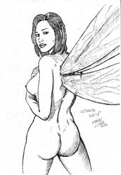 1girls 2005 female janet_van_dyne mark_coon marvel monochrome nude signature solo straight_hair text ultimates wasp_(marvel) wings