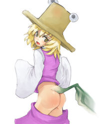 ass blonde_hair hat no_panties ofuro_mantarou open_mouth short_hair skirt skirt_pull smile solo suwako_moriya tadpole_tail tail touhou yellow_eyes