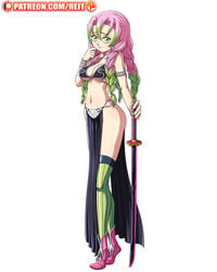 1girls alternate_costume boots braided_hair breasts cosplay demon_slayer female female_only full_body green_eyes green_legwear green_streak harem_outfit kanroji_mitsuri katana kimetsu_no_yaiba long_hair looking_at_viewer metal_bikini navel pelvic_curtain pink_boots pink_hair princess_leia_organa_(cosplay) reit return_of_the_jedi shy slave_bikini slave_leia_(cosplay) solo standing star_wars sword thighhighs weapon