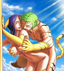 1boy 1girls animal_ears artist_request breast_grab breasts feline female from_behind furrification furry male muscles nico_robin nipples one_piece outdoors outside pre-timeskip pussy roronoa_zoro sex solo_focus straight_hair tail tiger tongue yellow_eyes