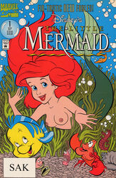 ariel big_eyes breasts casual_nudity clam comic_cover copyright_name crab disney eel english_text fish flounder green_scales group looking_at_another looking_at_viewer looking_up mermaid nipples nude open_mouth pale_skin red_hair seahorse seaweed sebastian_(disney) shrimp smile solo_focus swimming the_little_mermaid toony