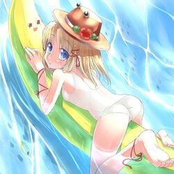 ass banana banana_boat barefoot blonde_hair blue_eyes eyes feet flower girl_on_banana hat hirasato lying on_stomach one-piece_swimsuit ribbon school_swimsuit see-through short_hair solo suwako_moriya swimsuit touhou water wet white_school_swimsuit yukkuri_shiteitte_ne