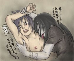 1boy 1girls age_difference black_hair breast_licking breasts clothed_male_nude_female female forced male mitarashi_anko naruto orochimaru purple_hair straight_hair tagme teacher_and_student tongue wrist_grab