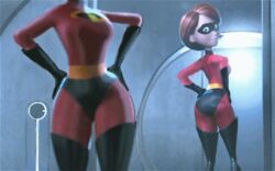 1girls 3d animated ass brown_hair butt disney elastigirl female female_only helen's_ass_check helen_parr lowres milf mirror pixar posing pussy solo straight_hair the_incredibles