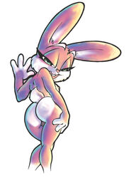 4_fingers anthro ass babs_bunny back_view female female_only fur furry furry_ass furry_ears hand_on_leg long_ears looking_at_viewer looking_back mammal pink_fur rabbit solo tagme tiny_toon_adventures uncensored white_fur