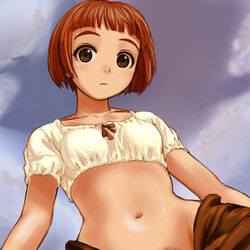 bangs blunt_bangs bob_cut brown_eyes clothing crop_top from_below haruyama last_exile lavie_head looking_at_viewer looking_down lowres midriff navel no_panties pubic_hair red_hair short_hair solo stare