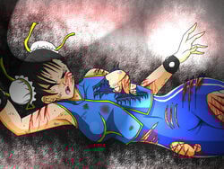 1girls blood bodysuit chun-li defeated female female_only gore guro human jumpsuit k.o. knocked_out shade_(pixiv726159) solo straight_hair street_fighter street_fighter_alpha street_fighter_alpha_2 street_fighter_alpha_3 tagme